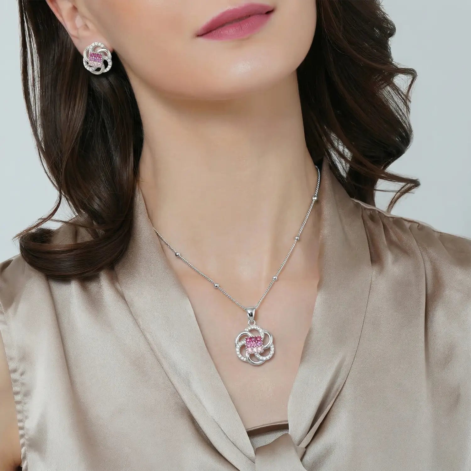 Elegant Pink CZ Floral Knot Pure Silver Pendant Set - Made With Pure 925 Silver
