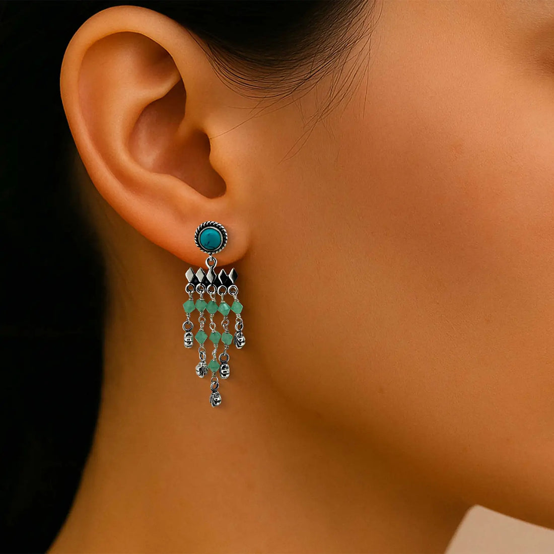 Silver Dangler Earrings with Turquoise & Green Beads- Made With Pure 925 Silver