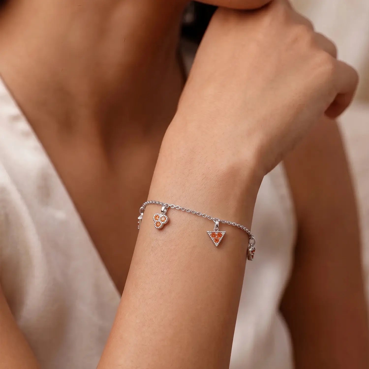 Orange Stone Charm Bracelet – Elegant Triangle & Floral Design - Made With Pure 925 Silver