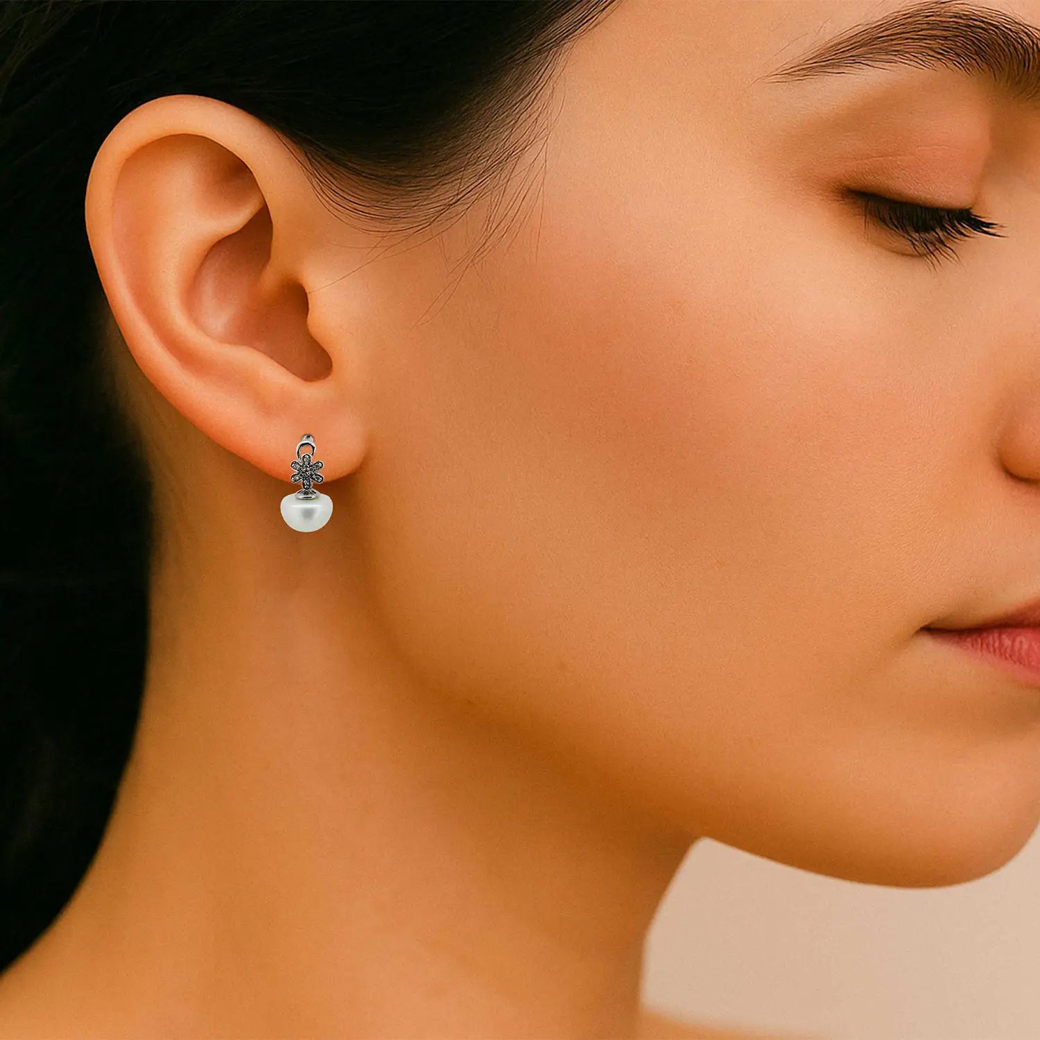 Pure Silver Floral Pearl Drop Earrings- Made With Pure 925 Silver