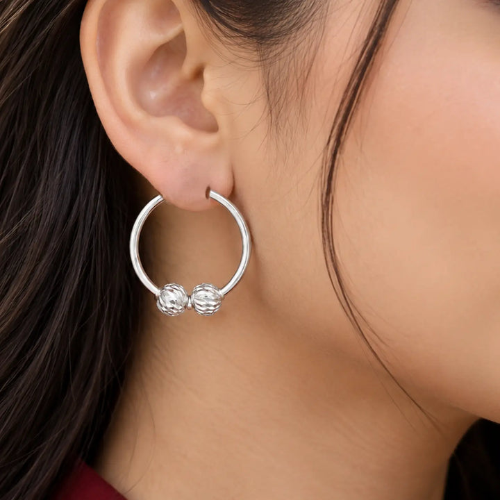 Textured Bead Oval Hoop 925 Silver Earrings - Made With Pure 925 Silver