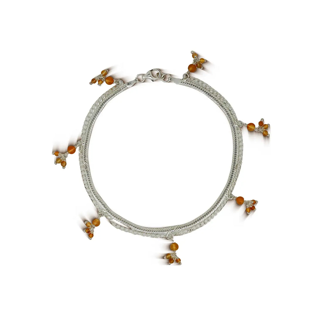 Dual Chain Silver Anklet with Golden Bead Danglers- Made With Pure 925 Silver