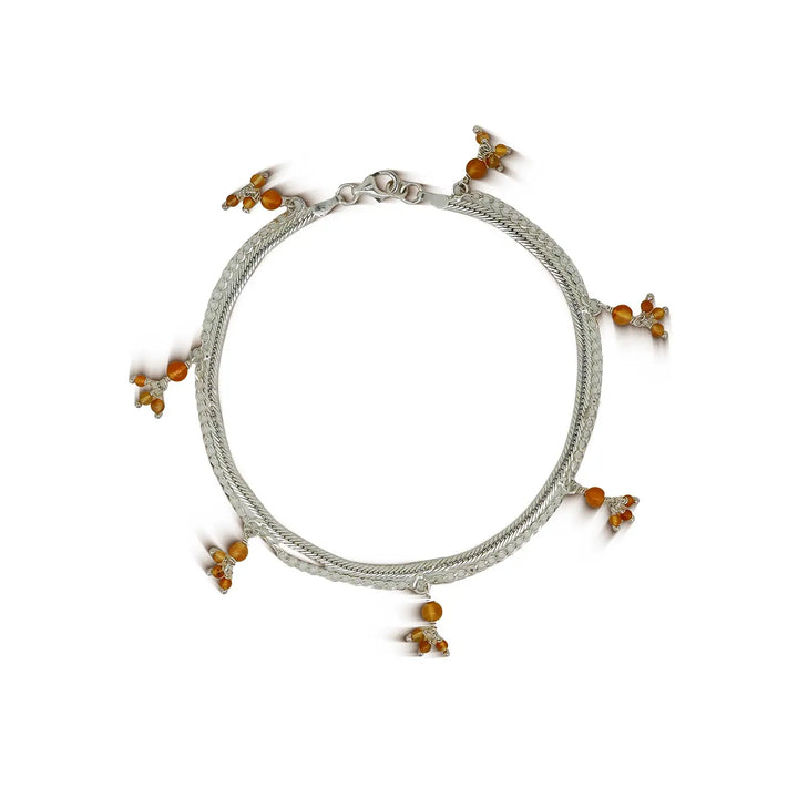 Dual Chain Silver Anklet with Golden Bead Danglers- Made With Pure 925 Silver
