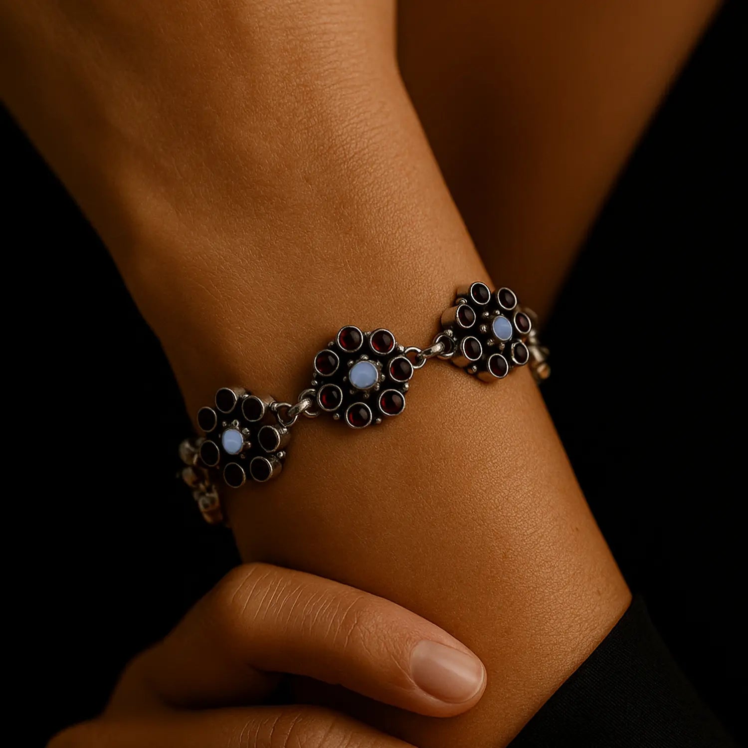 Floral Garnet & Moonstone Silver Pearl  Bracelet - Made With 925 Pure Silver