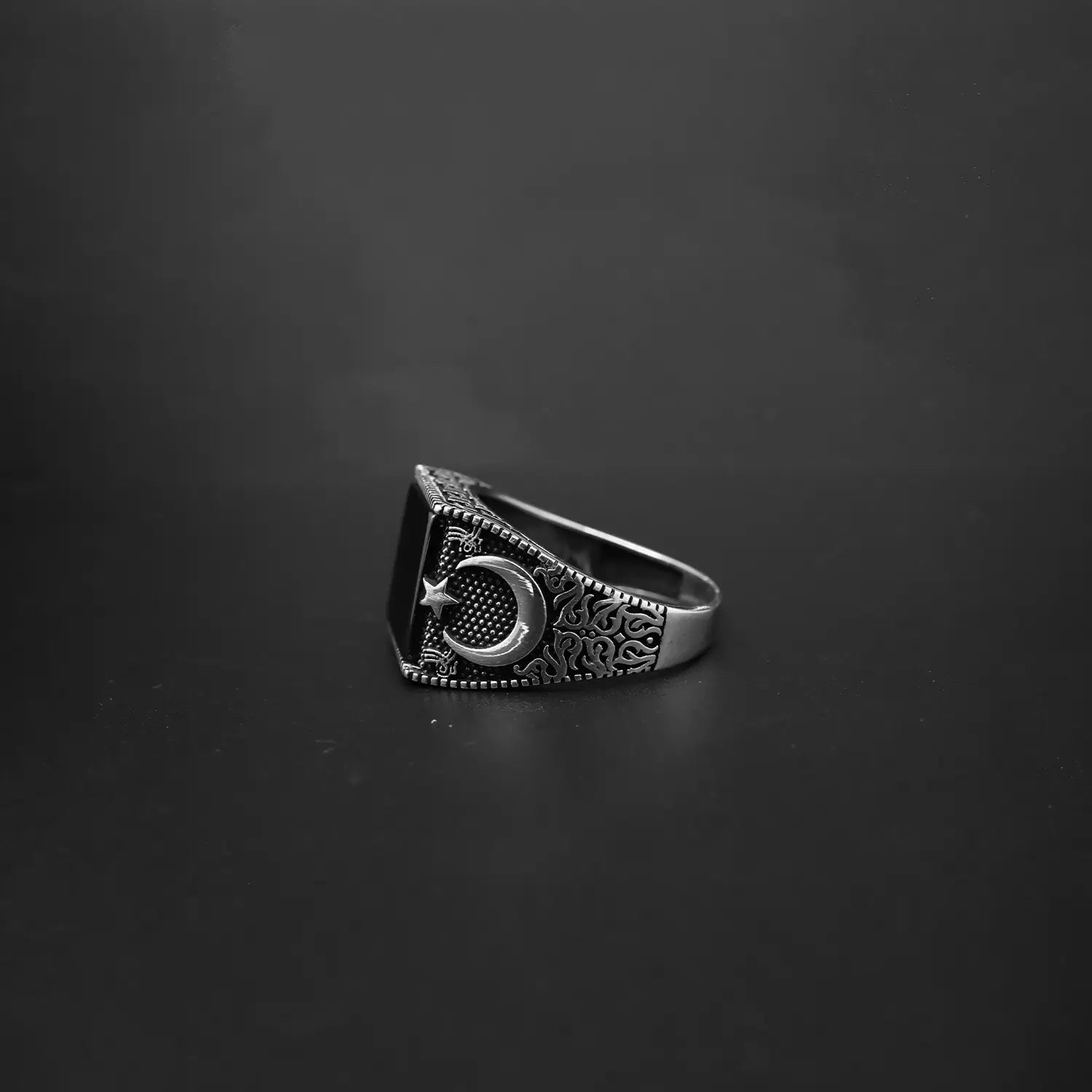 Pure Silver Black Onyx Moon & Star Ring - Made With Pure 925 Silver