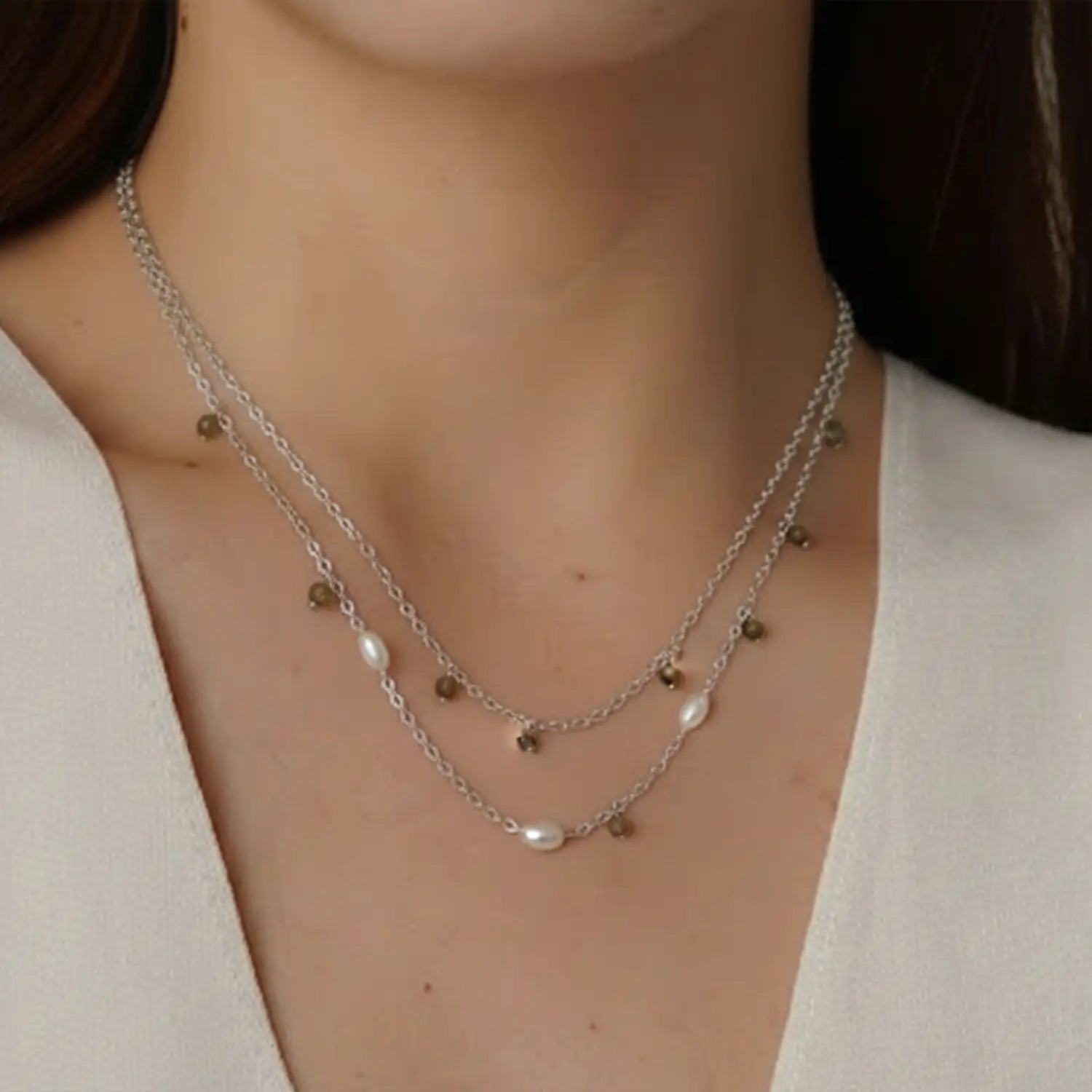 Elegant Layered Pearl & Charm Silver Necklace- Made With Pure 925 Silver