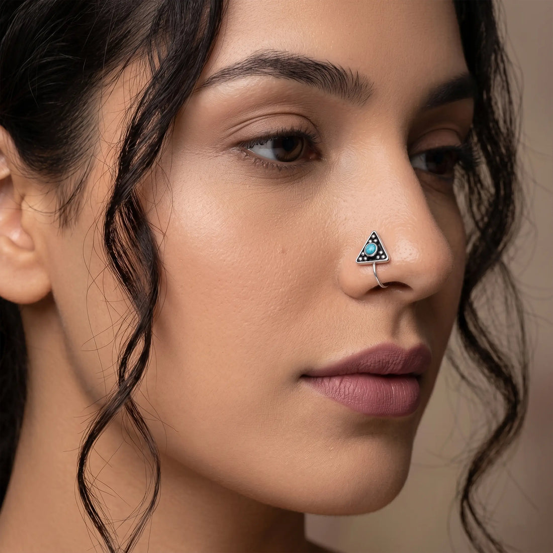 Tribal Triangle Pure Silver Nose Pin with Blue Accents- Made With Pure 925 Silver