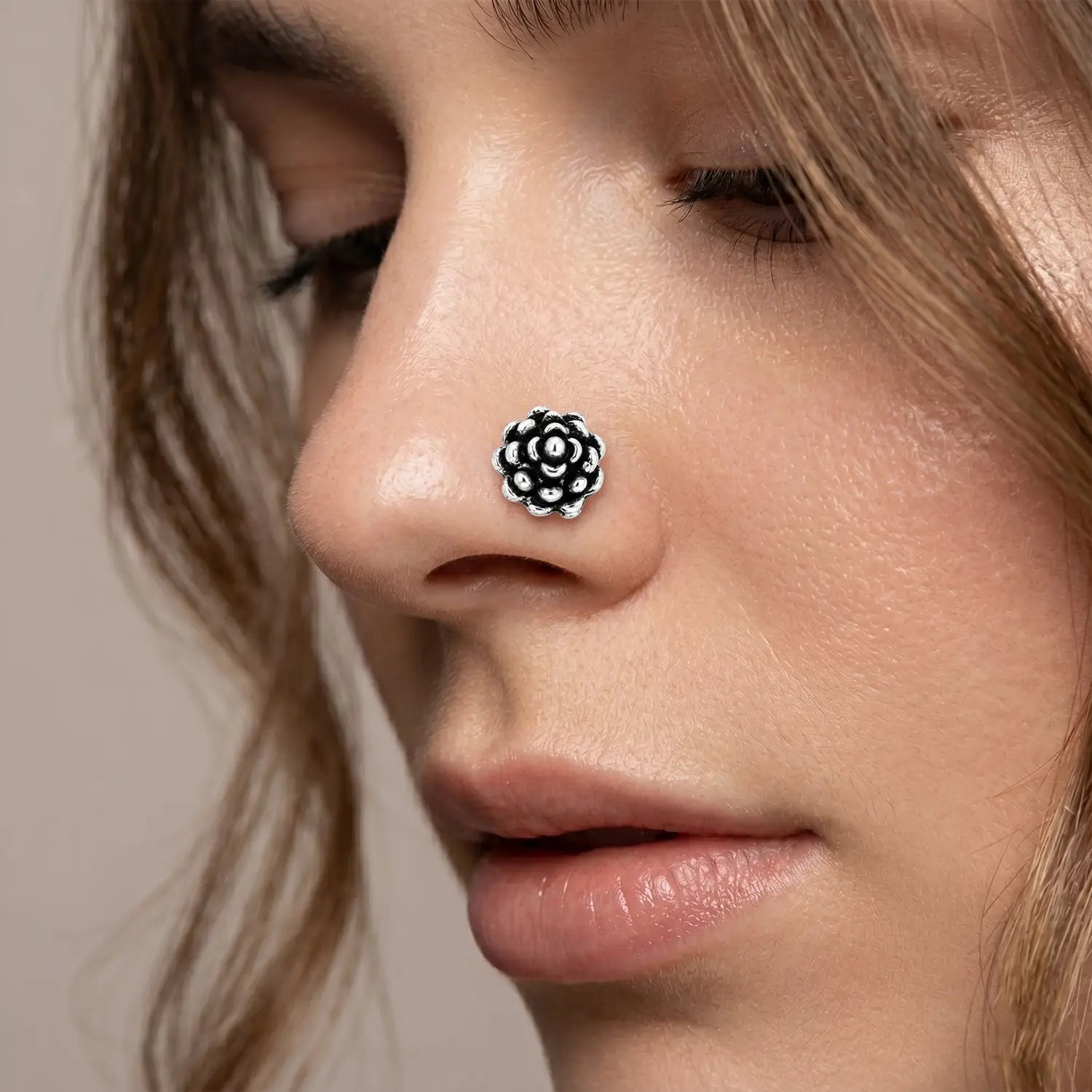 Oxidised Silver Lotus Bloom Nose Pin- Made With Pure 925 Silver