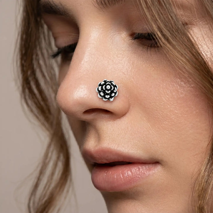 Oxidised Silver Lotus Bloom Nose Pin- Made With Pure 925 Silver