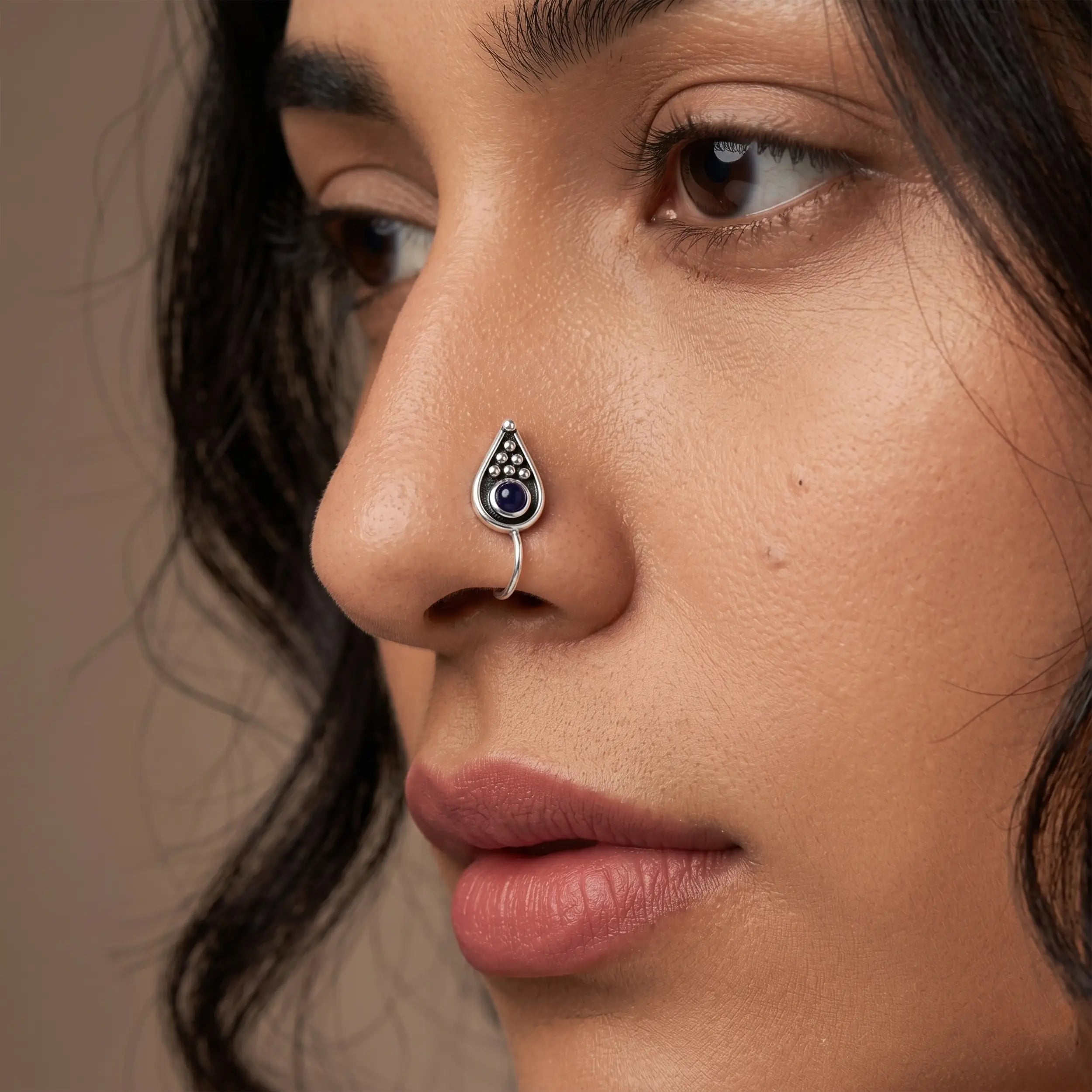 Oxidised Silver Teardrop Stone Nose Pin- Made With Pure 925 Silver