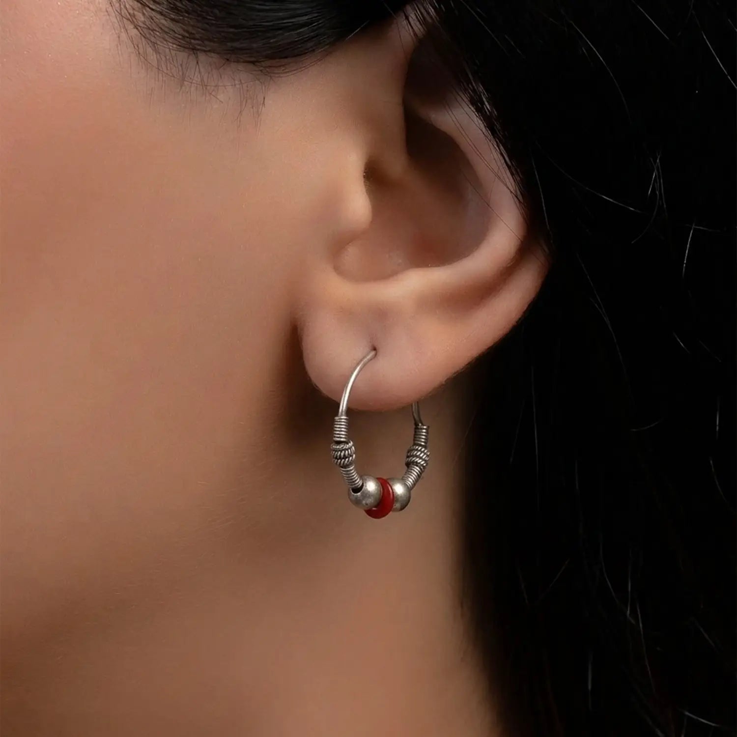 Minimalist Red Bead Sterling Silver Hoop Earrings - Made With Pure 925 Silver