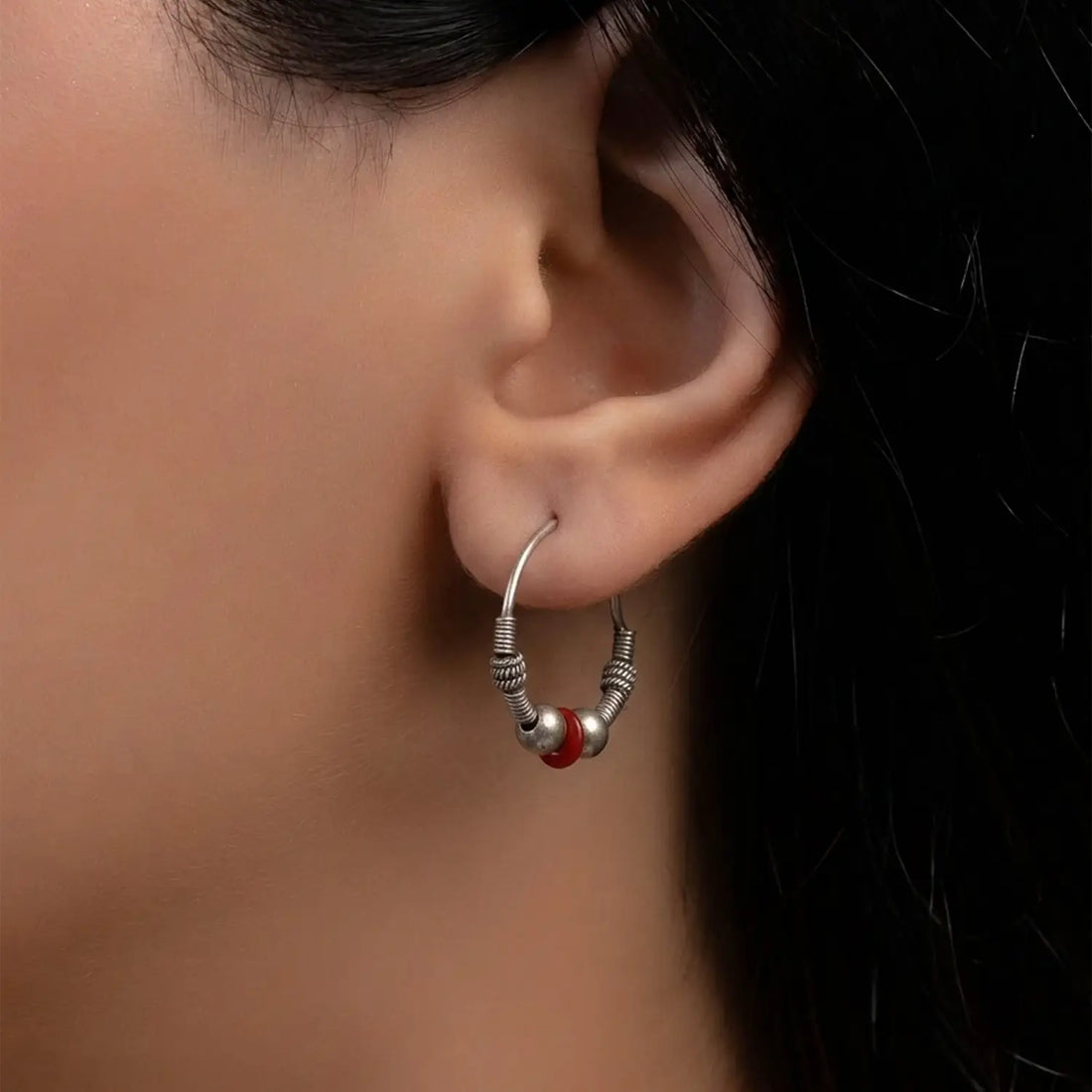 Minimalist Red Bead Sterling Silver Hoop Earrings - Made With Pure 925 Silver