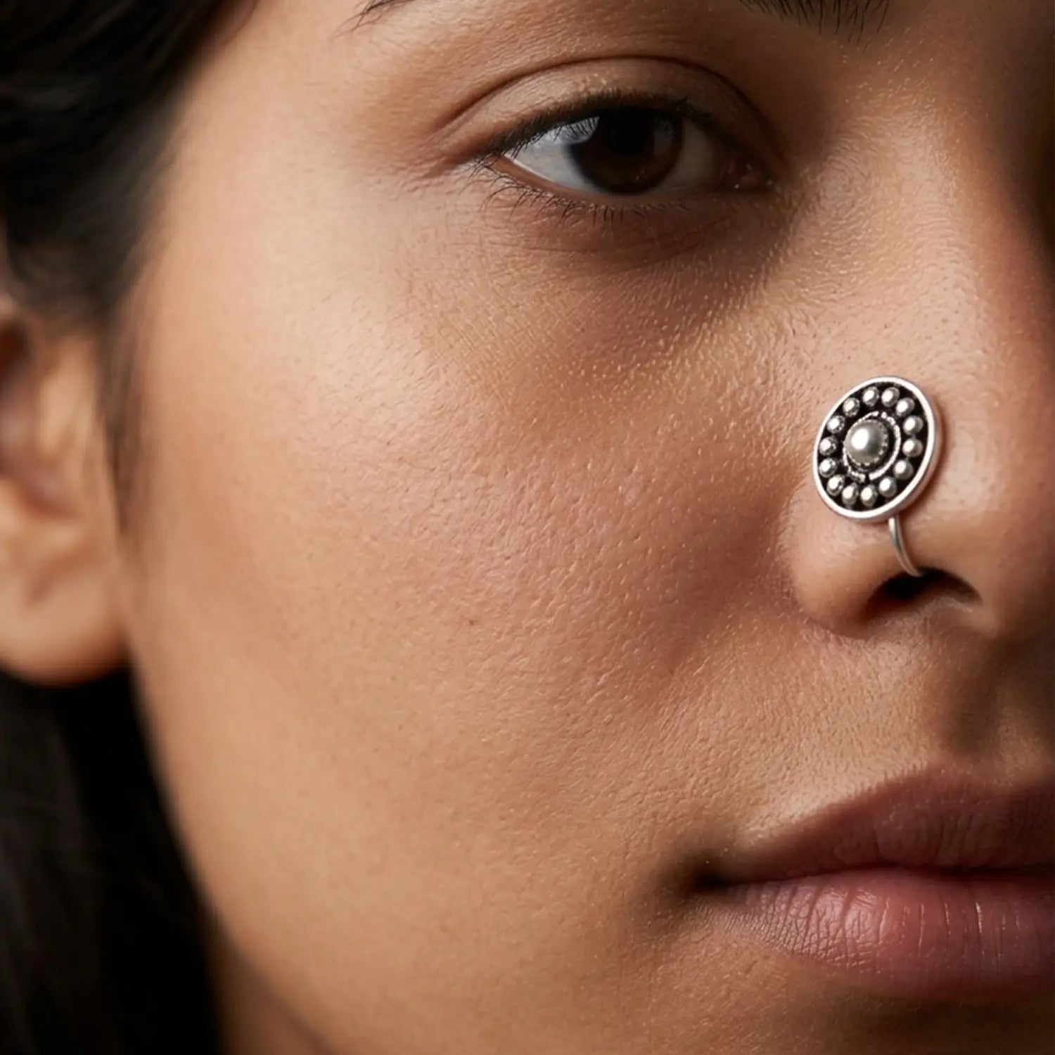 Bold Circular Oxidised Silver Nose Pin- Made With Pure 925 Silver