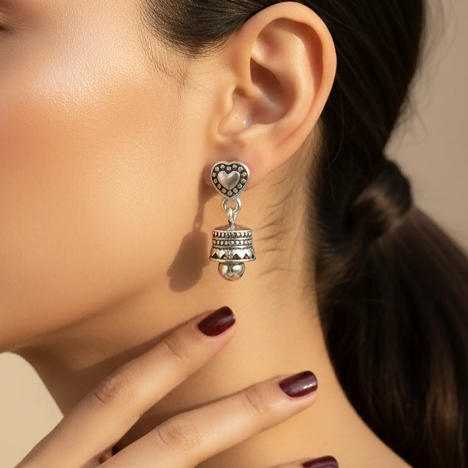Heart Charm Pure Silver Jhumki Earrings- Made With Pure 925 Silver