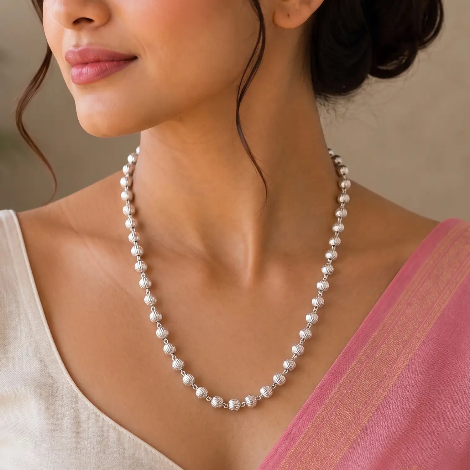 Classic Textured Bead Silver Chain - Made With Pure 925 Silver