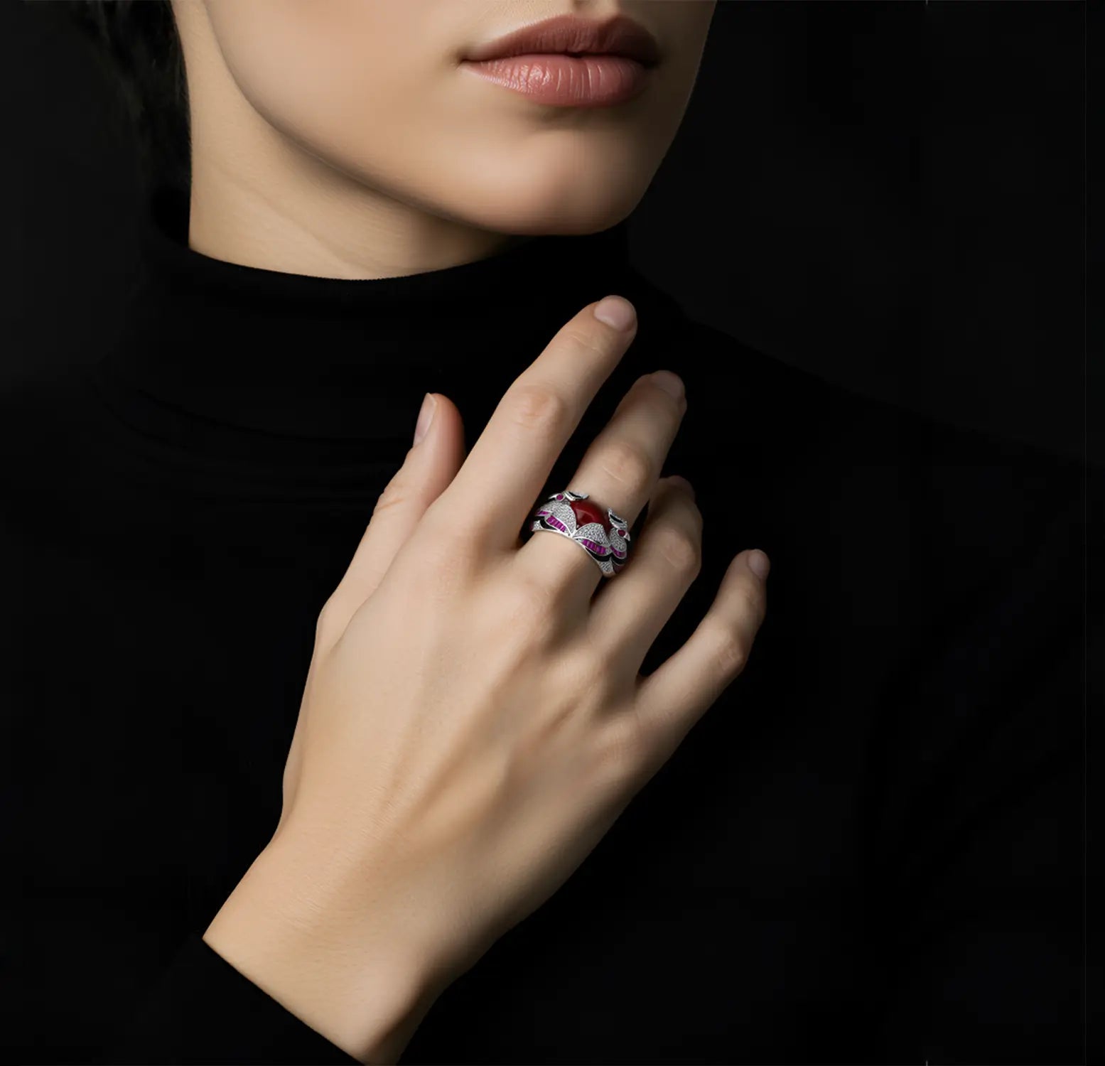 Pure Silver Red Enamel & CZ Statement Ring - Made With Pure 925 Silver