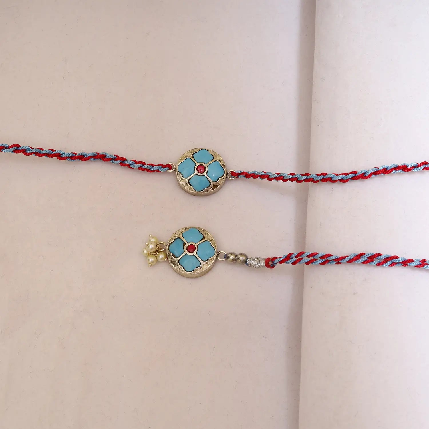 Sky Blue Floral Silver Rakhi & Lumba Set - Made With Pure 925 Silver