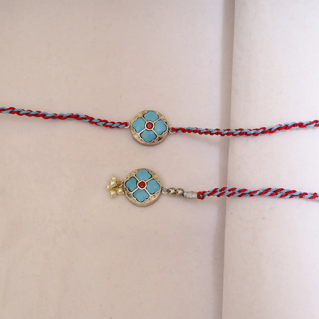 Sky Blue Floral Silver Rakhi & Lumba Set - Made With Pure 925 Silver