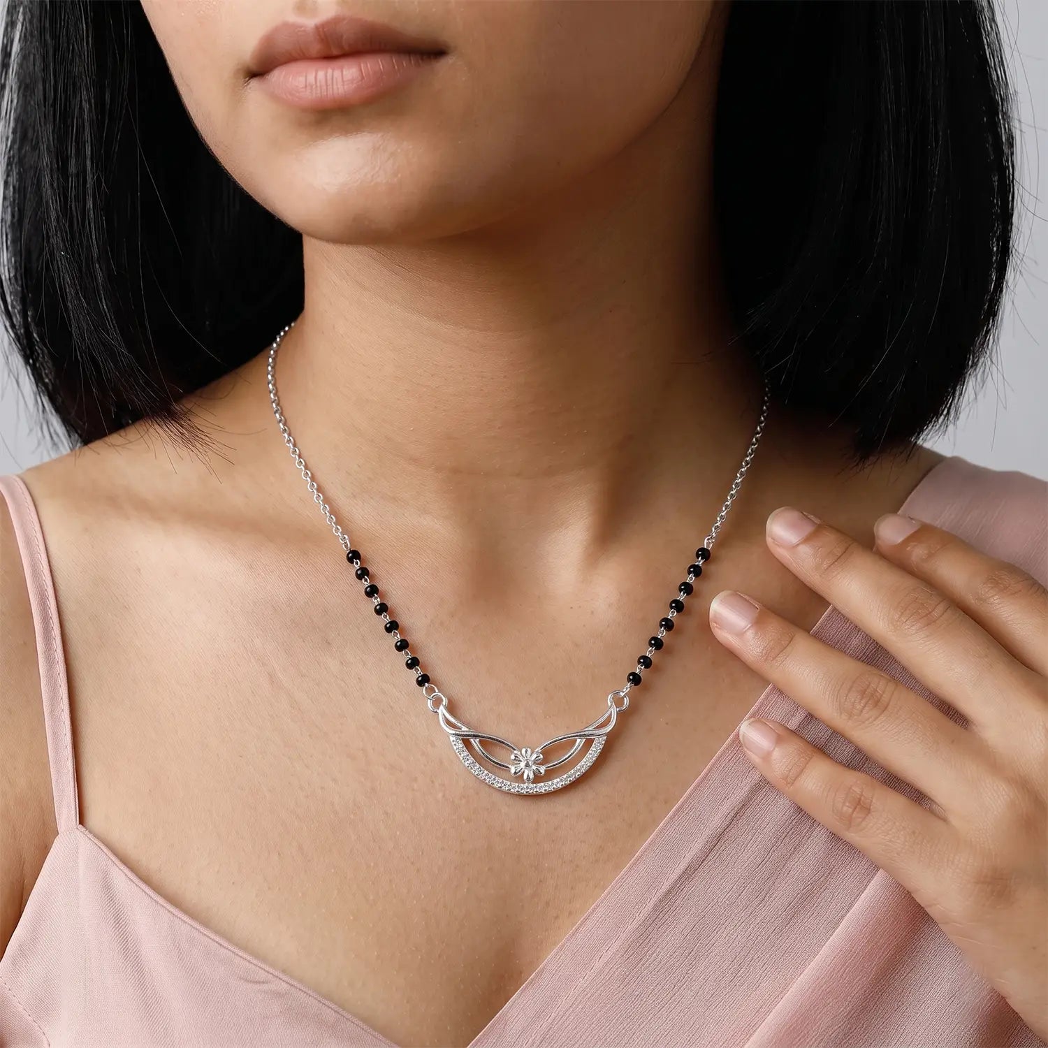Elegant Floral Curve Silver Mangalsutra - Made With Pure 925 Silver