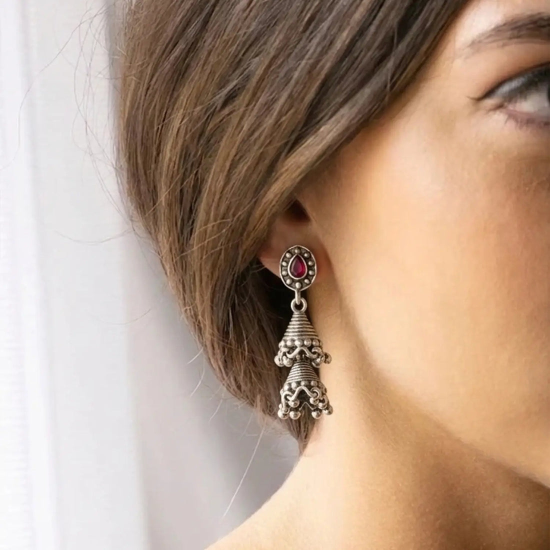 Traditional Ruby Jhumki Sterling Silver Earrings - Made With Pure 925 Silver
