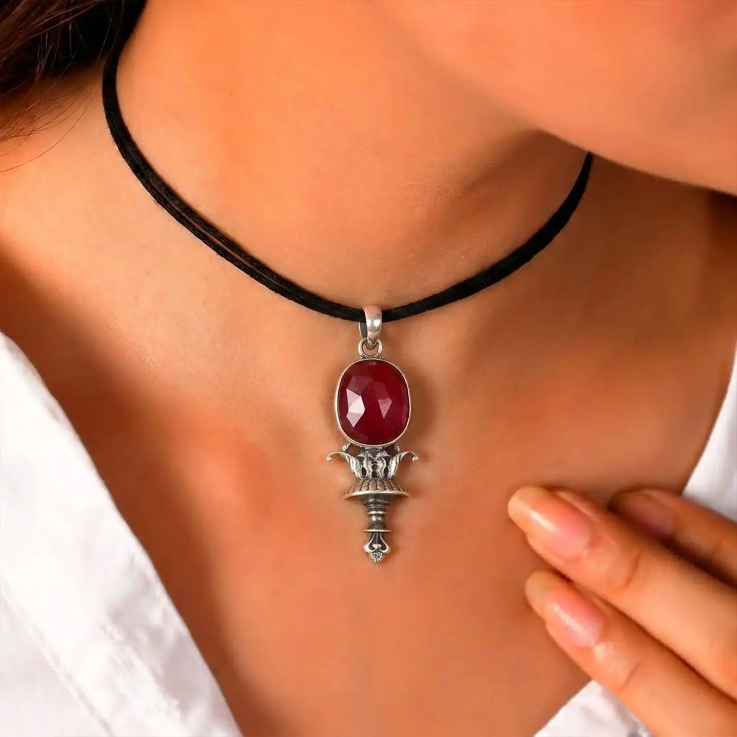 Traditional Ruby Stone Sterling Silver Pendant Set - Made With Pure 925 Silver