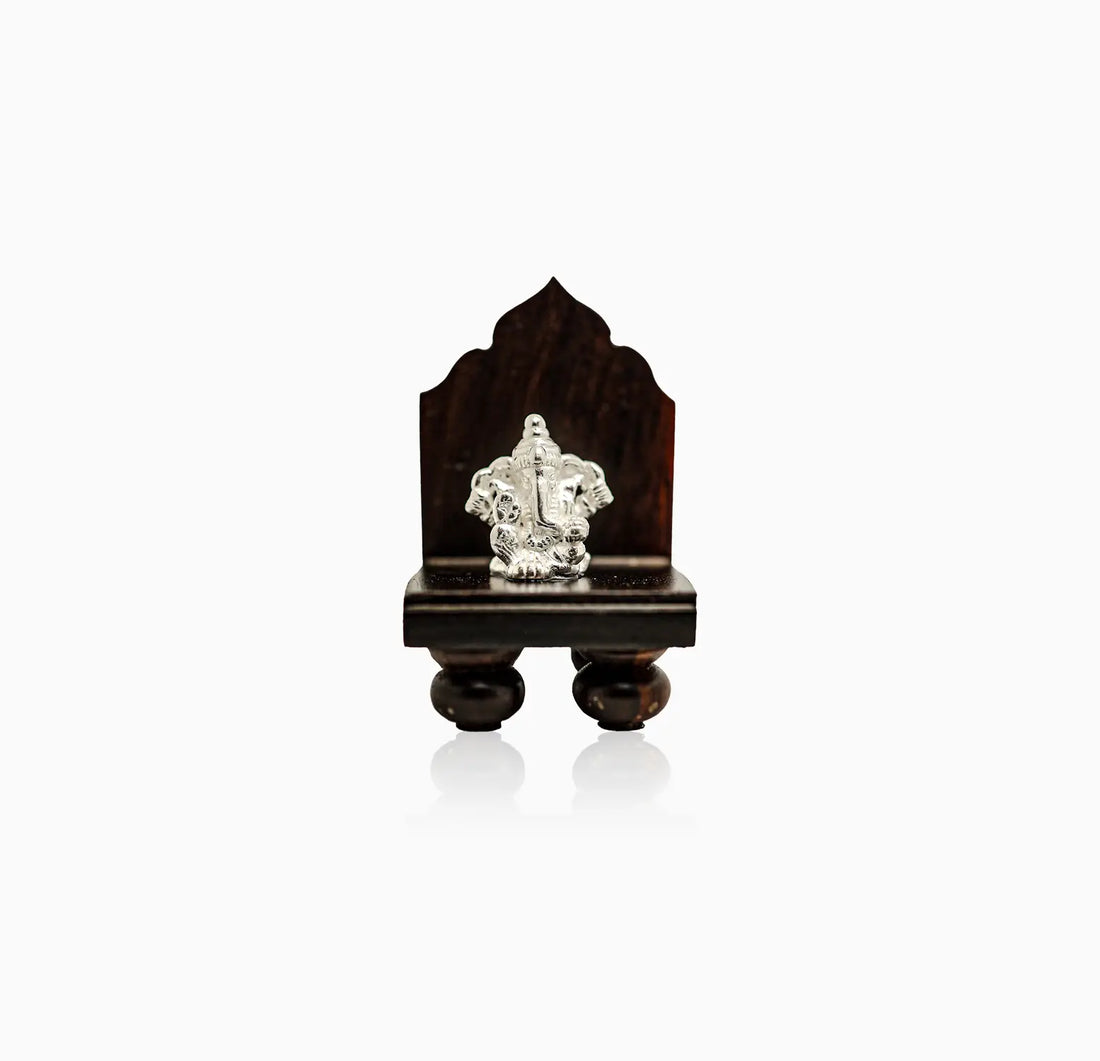 Pure Silver Lord Ganesha Idol with Wooden Singhasan- Made With Pure 925 Silver
