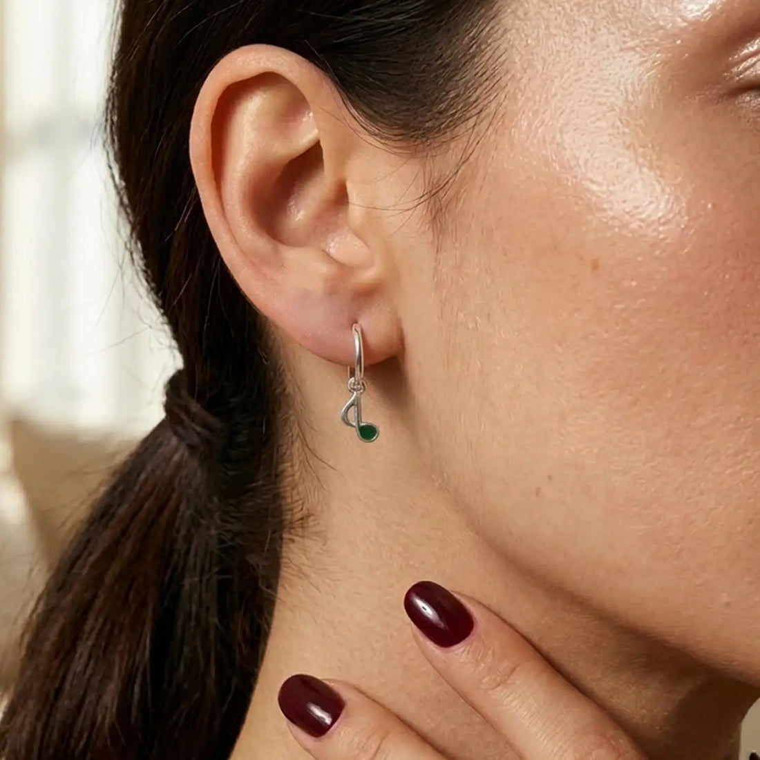 Green Stone Charm Silver Hoop Earrings - Made With Pure 925 Silver