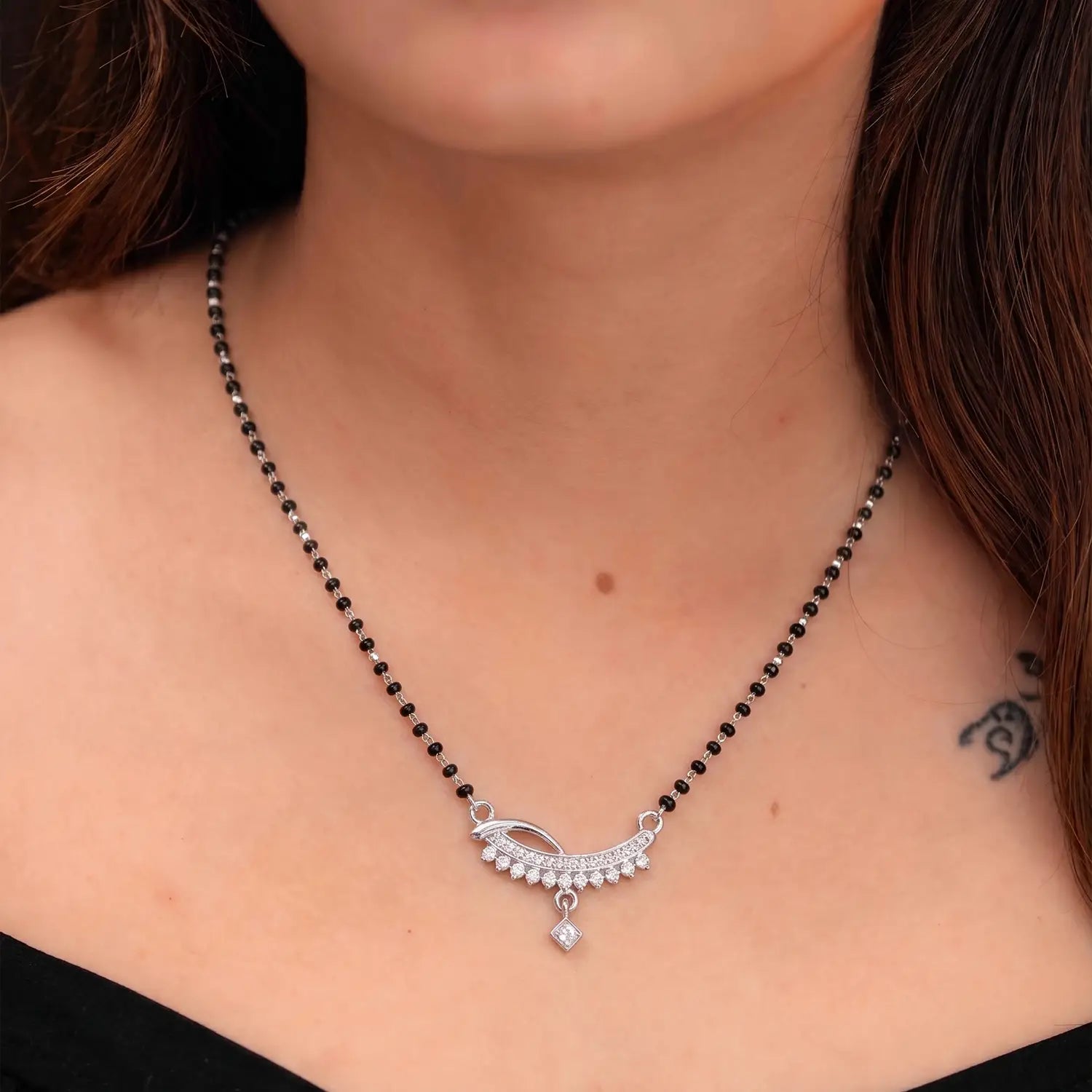 Elegant Crescent Drop Silver Mangalsutra - Made With Pure 925 Silver