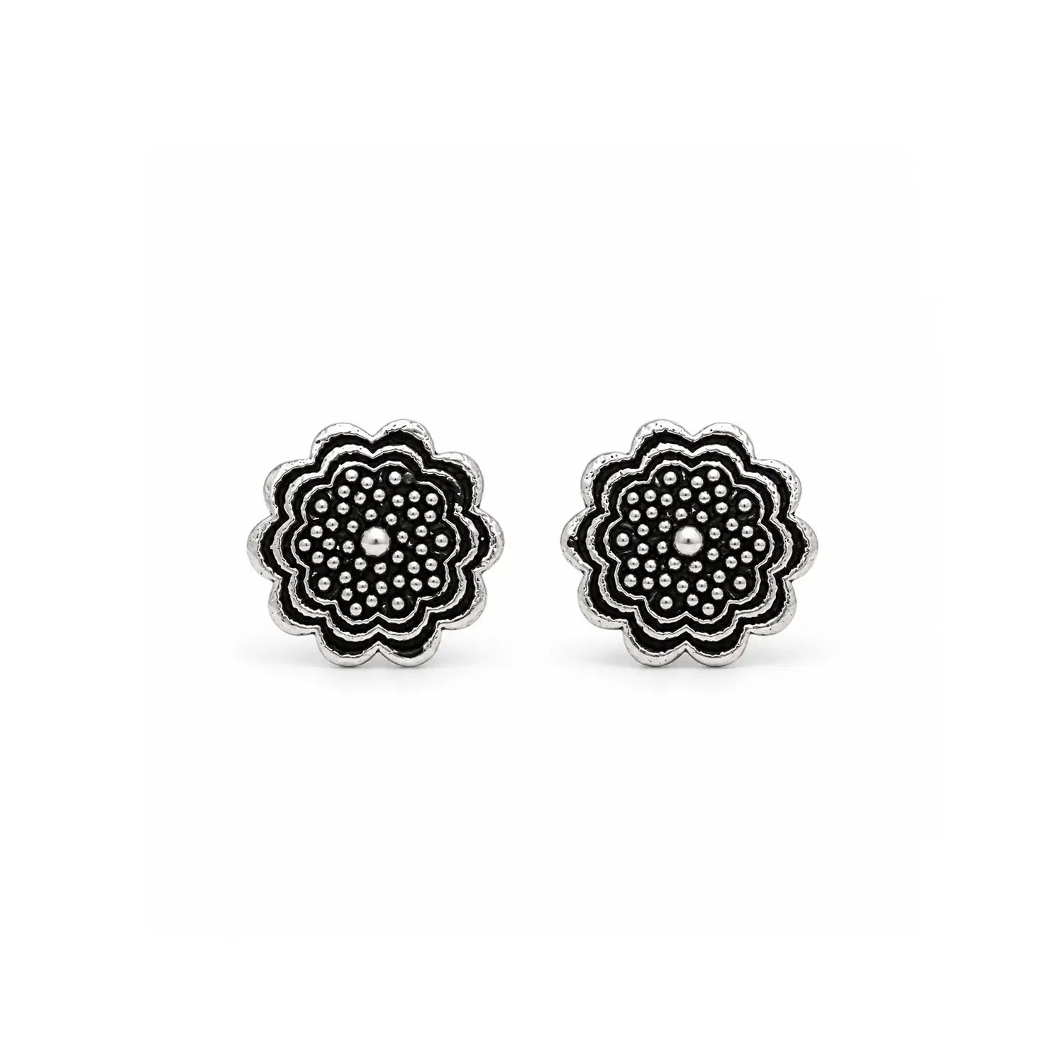 Black Enamel Floral Silver Stud Earrings - Made With Pure 925 Silver