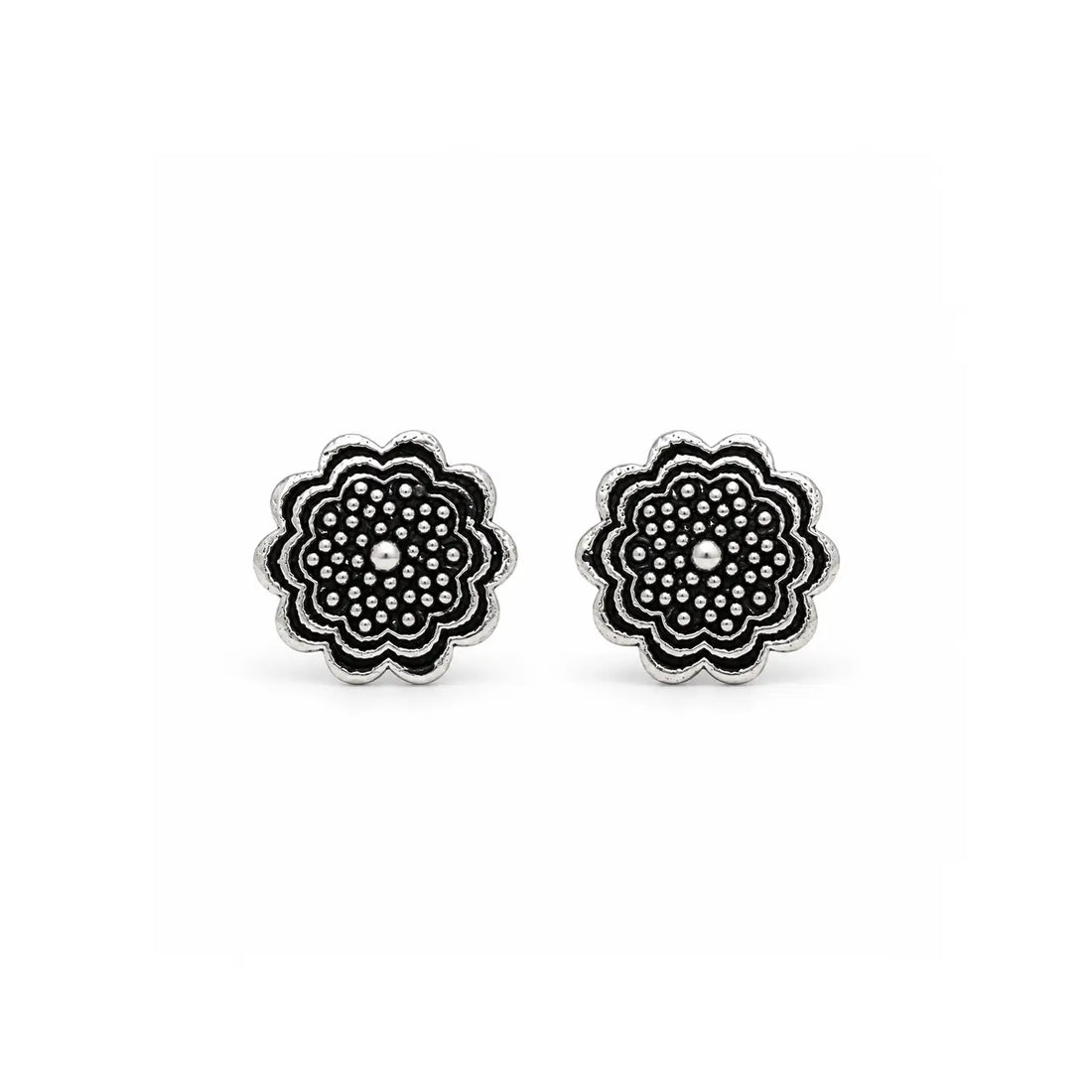 Black Enamel Floral Silver Stud Earrings - Made With Pure 925 Silver