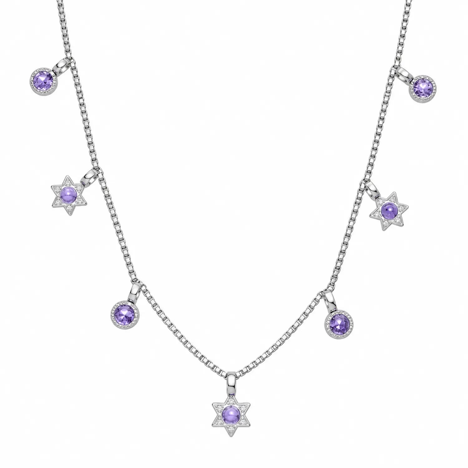 Purple Star & Round Stone Charm Silver Chain - Made With Pure 925 Silver