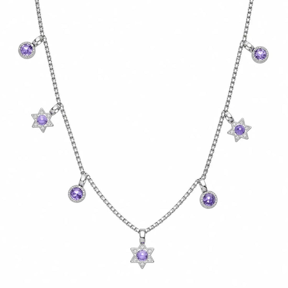 Purple Star & Round Stone Charm Silver Chain - Made With Pure 925 Silver
