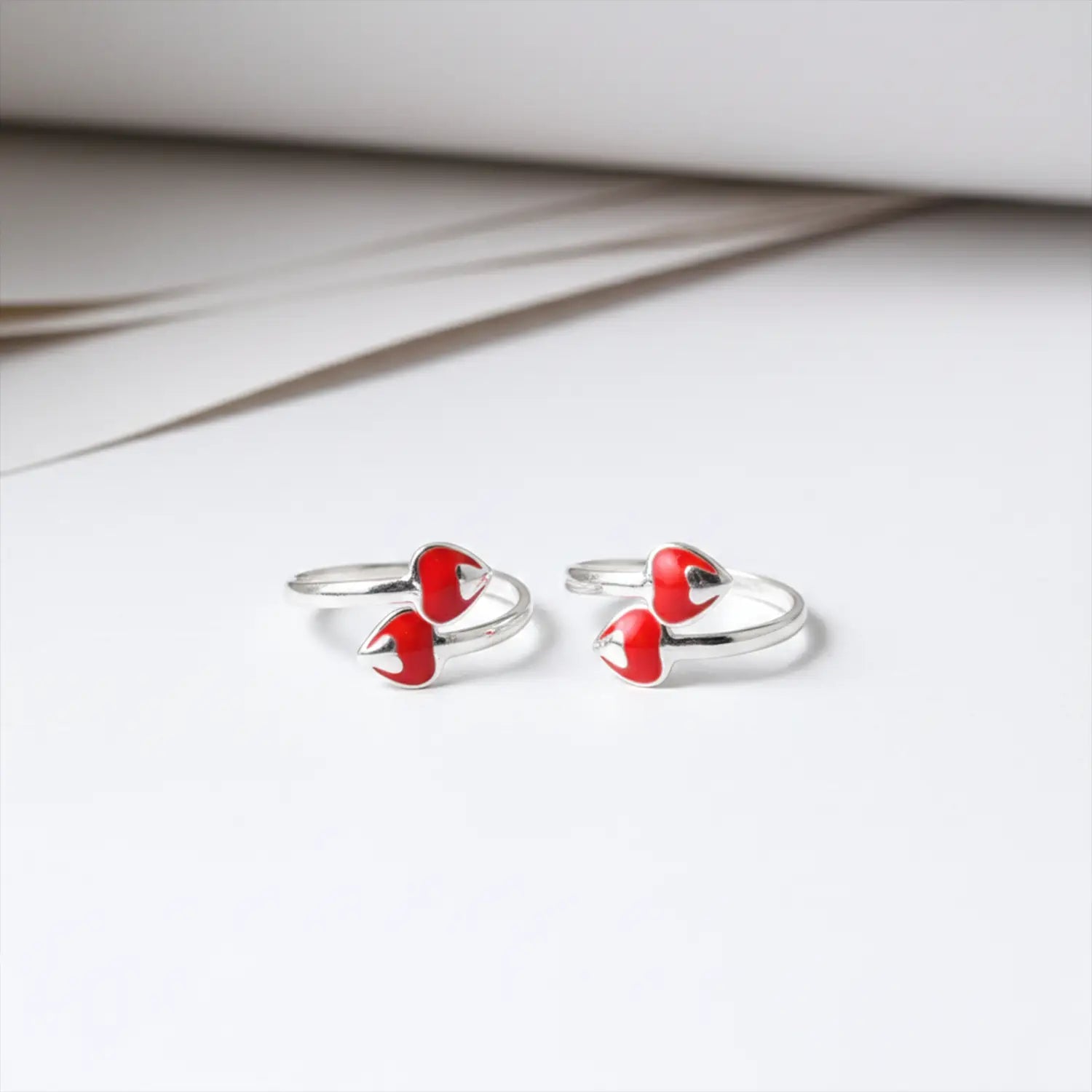Cute Red Heart Adjustable Pure Silver Toe Rings- Made With Pure 925 Silver
