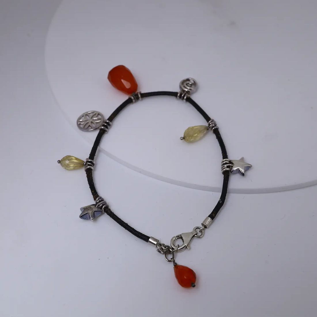 Carnelian & Citrine Charm Black Cord Pure Silver Bracelet - Made With Pure 925 Silver