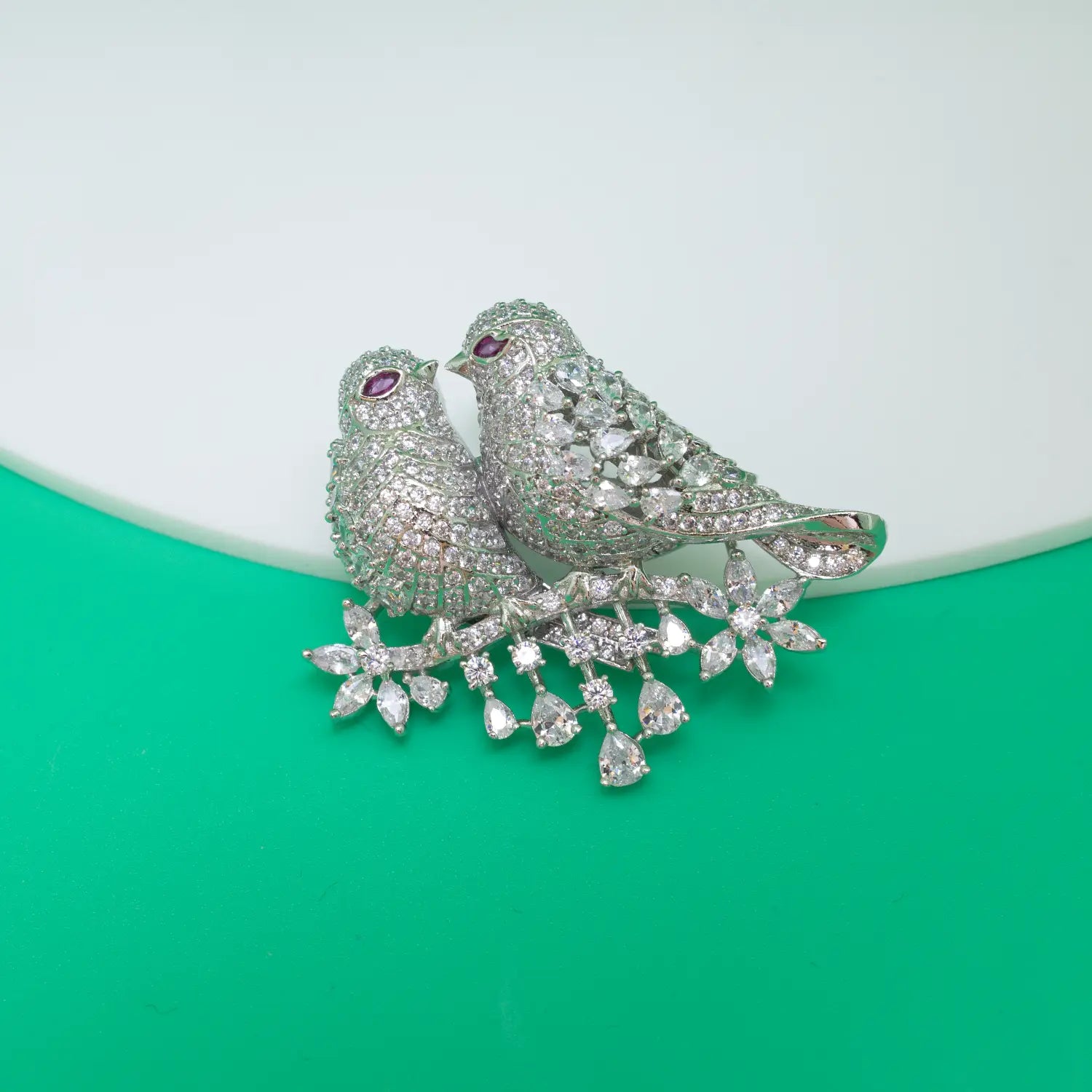 Elegant Love Birds Crystal Brooch - Made With Pure 925 Silver