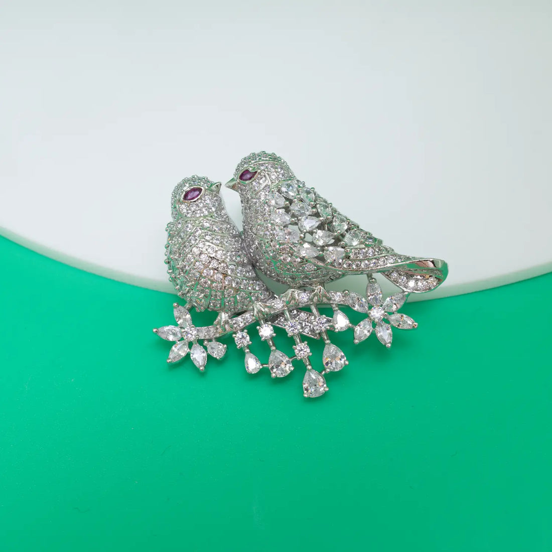 Elegant Love Birds Crystal Brooch - Made With Pure 925 Silver