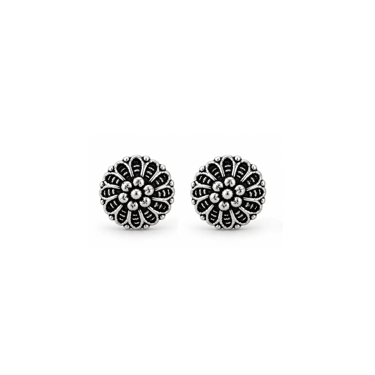 Antique Floral Oxidized Silver Stud Earrings - Made With Pure 925 Silver