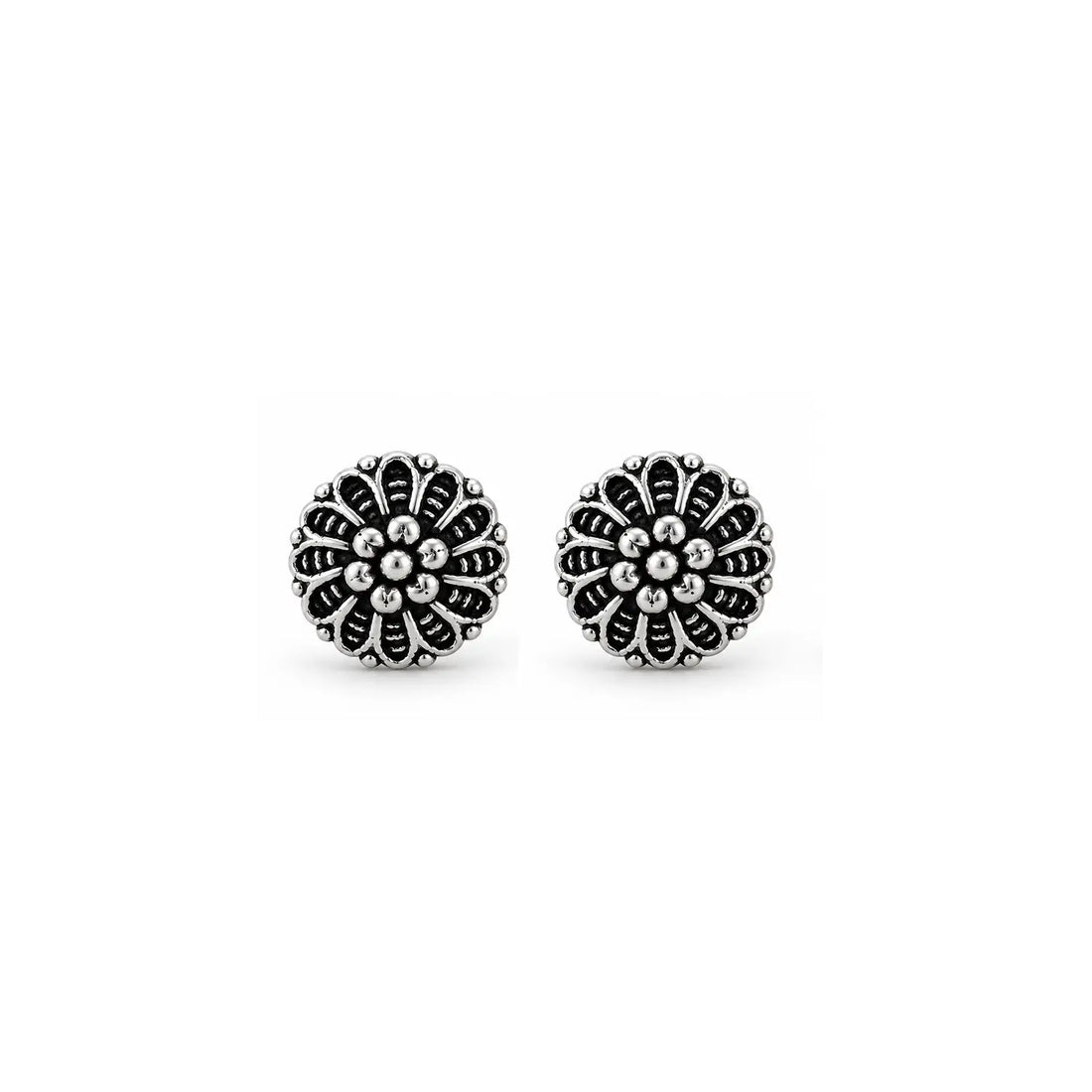 Antique Floral Oxidized Silver Stud Earrings - Made With Pure 925 Silver