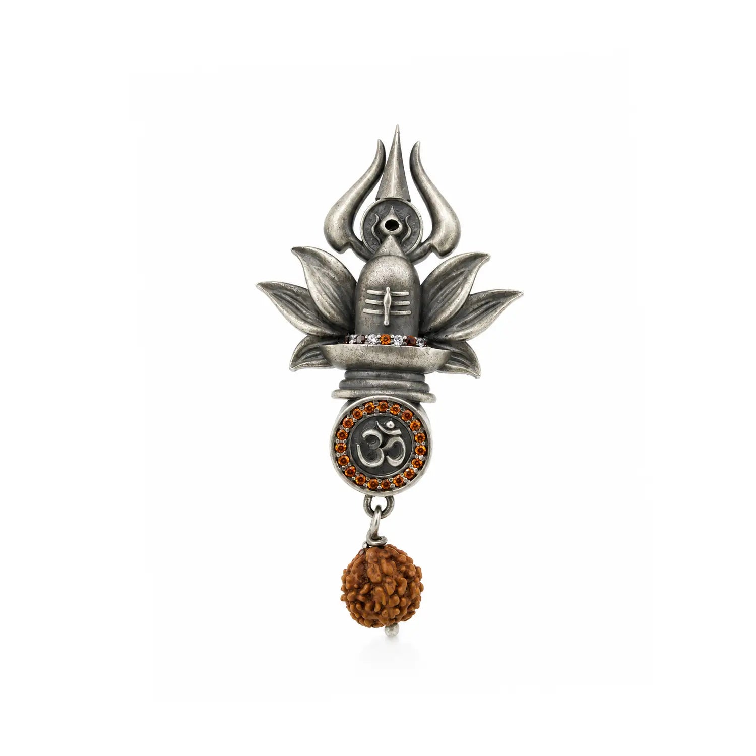 Trishul Shivling Om Rudraksha Silver Brooch - Made With Pure 925 Silver