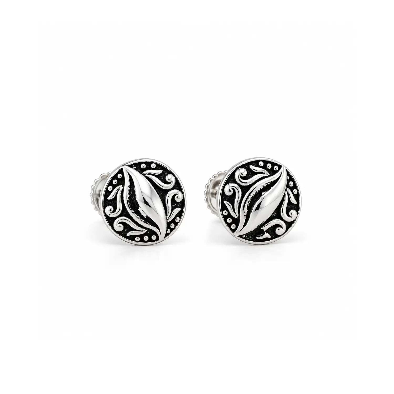 Vintage Leaf Motif Oxidised Silver Stud Earrings - Made With Pure 925 Silver