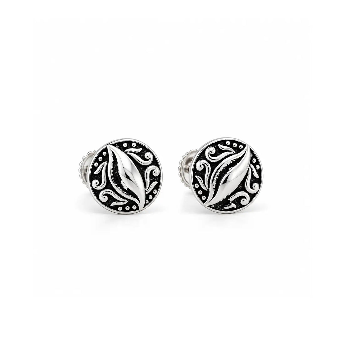 Vintage Leaf Motif Oxidised Silver Stud Earrings - Made With Pure 925 Silver