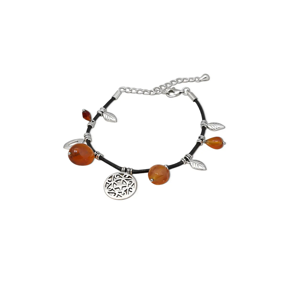 Carnelian Charm Black Cord Sterling Silver Bracelet- Made With Pure 925 Silver