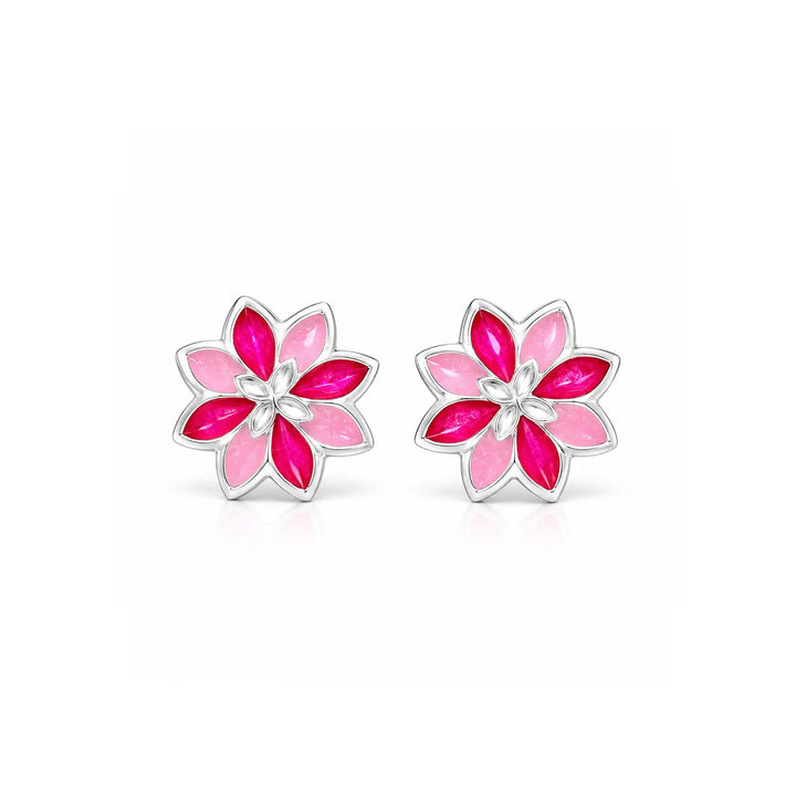 Pink Floral Gemstone Silver Stud Earrings - Made With Pure 925 Silver