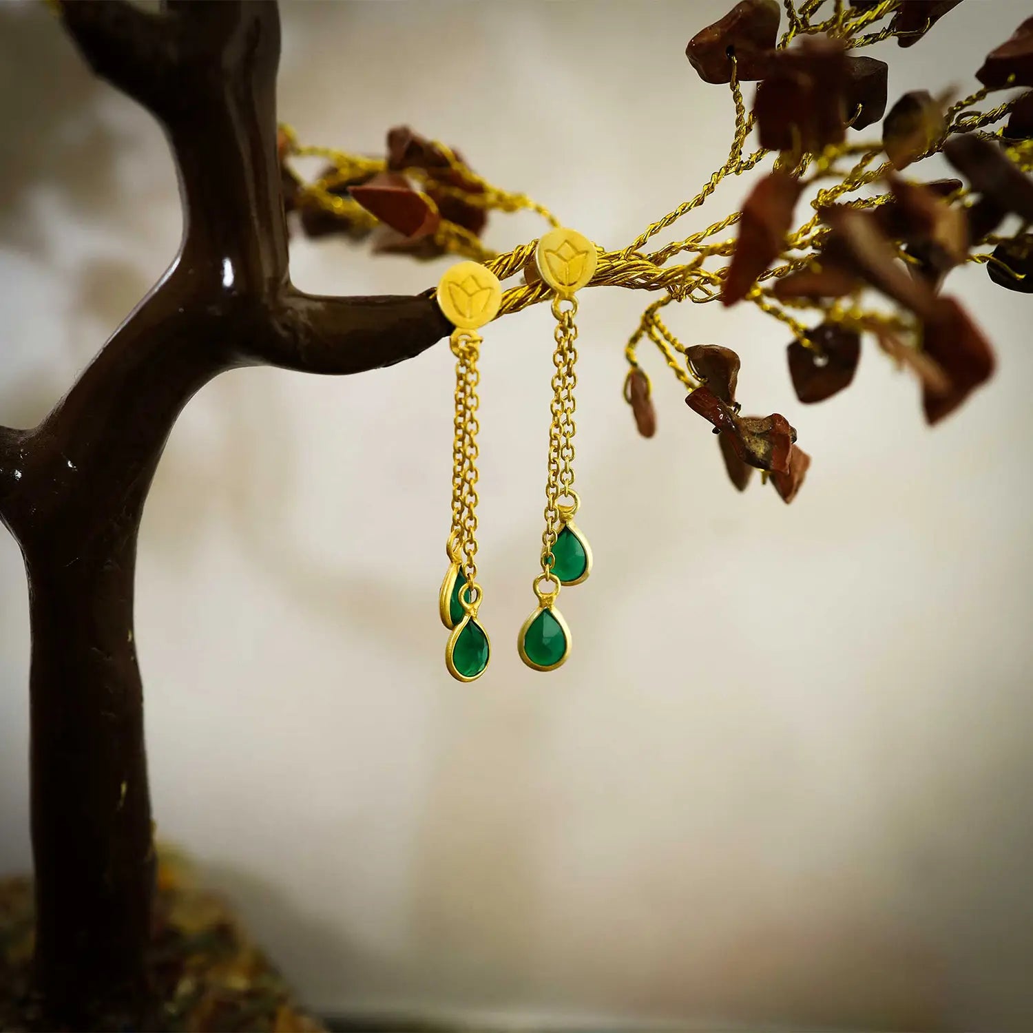 Gold-Plated Sterling Silver Green Drop Chain Earrings- Made With Pure 925 Silver