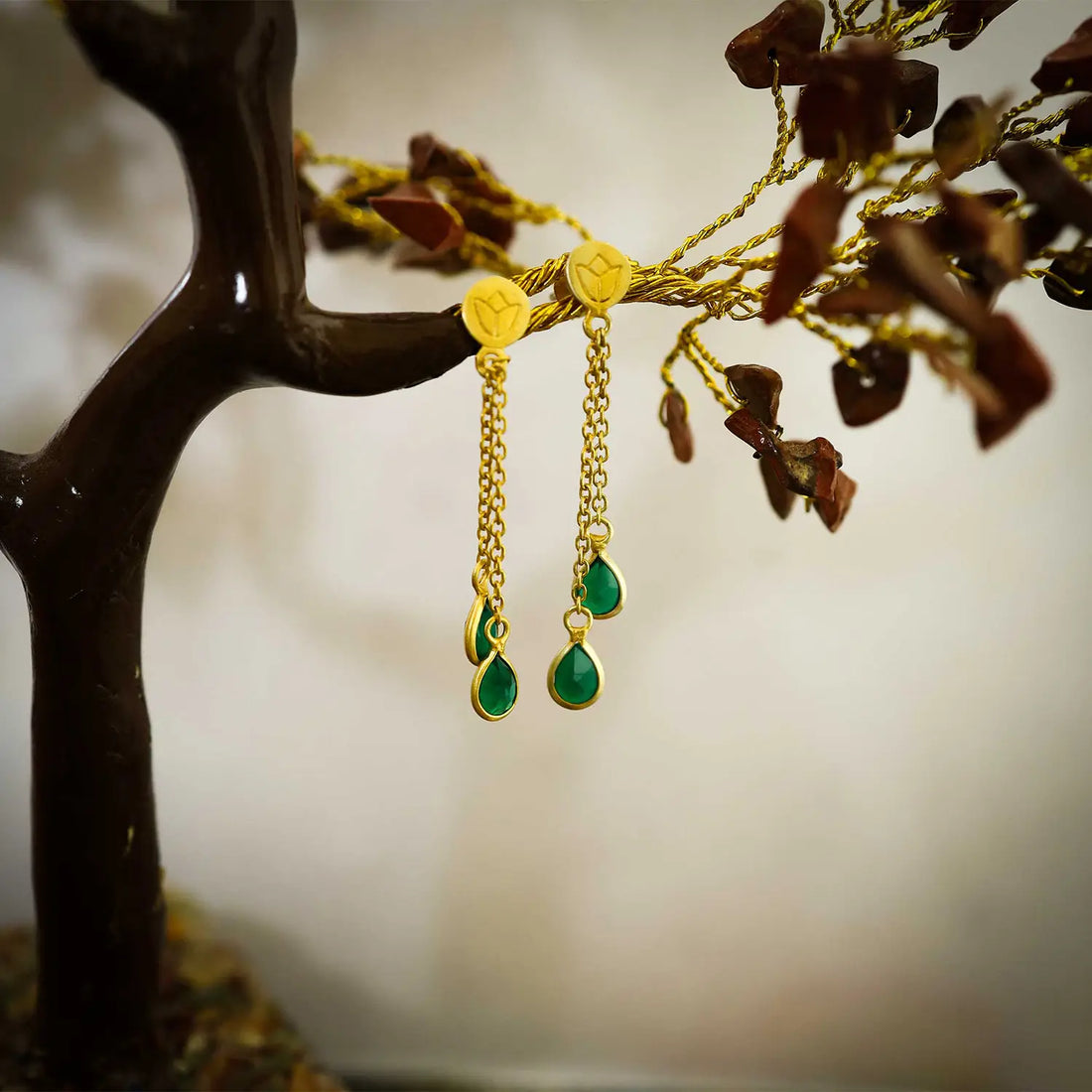 Gold-Plated Sterling Silver Green Drop Chain Earrings- Made With Pure 925 Silver