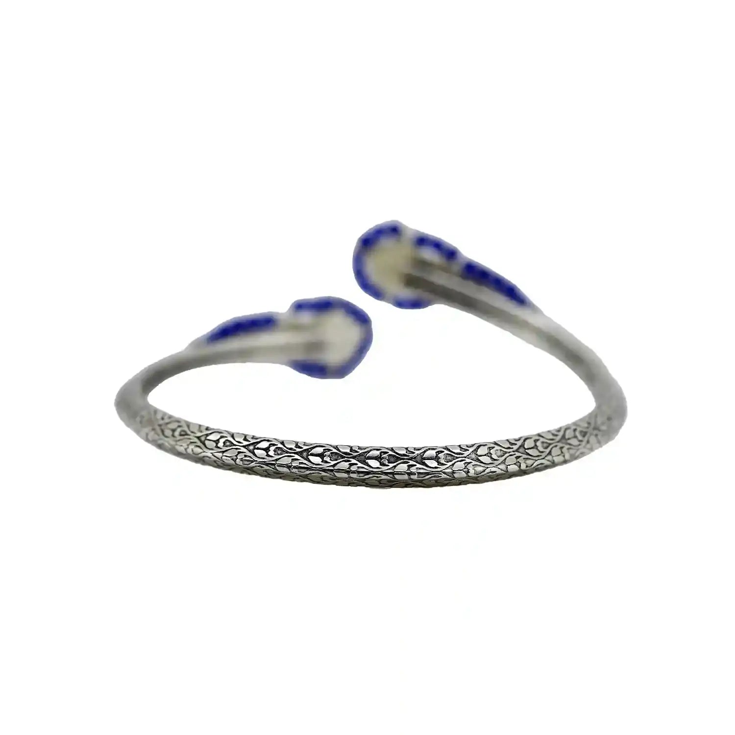 Antique Finish Silver Open Bracelet with Blue Bead Detailing - Made With Pure 925 Silver