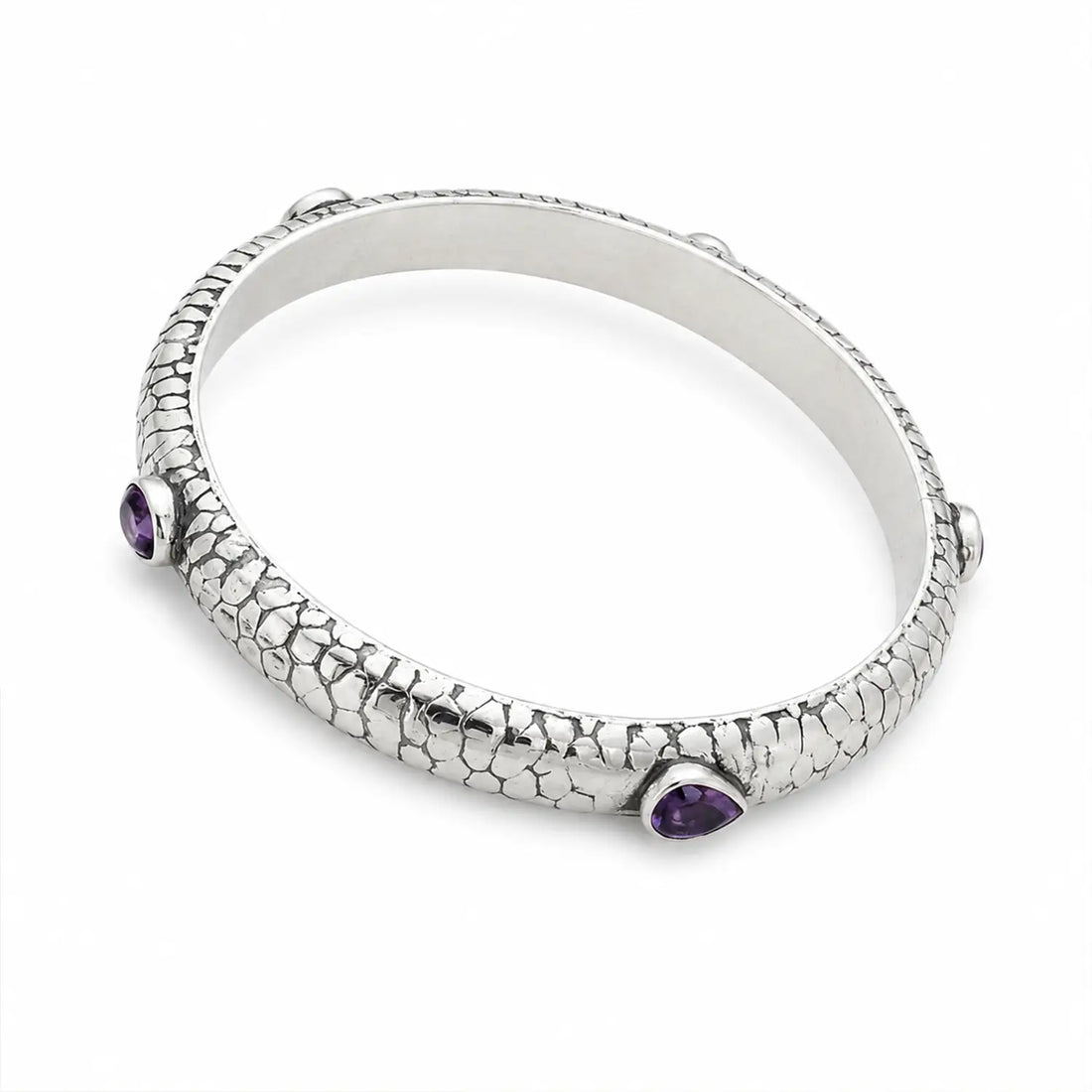 Textured Pure Silver Kada with  Purple Stones- Made With Pure 925 Silver