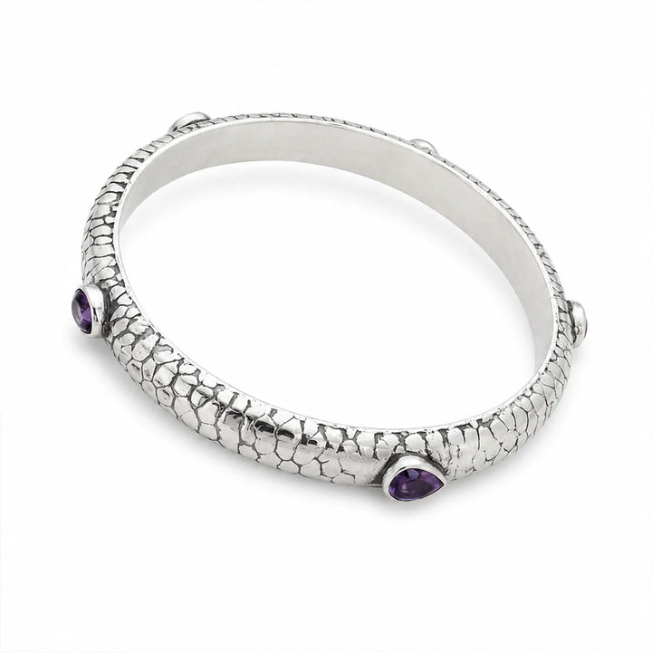 Textured Pure Silver Kada with  Purple Stones- Made With Pure 925 Silver