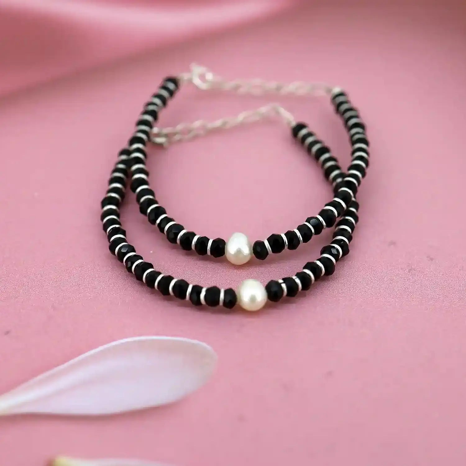 Kids' Pearl & Black Beaded Silver Nazariya- Made With Pure 925 Silver