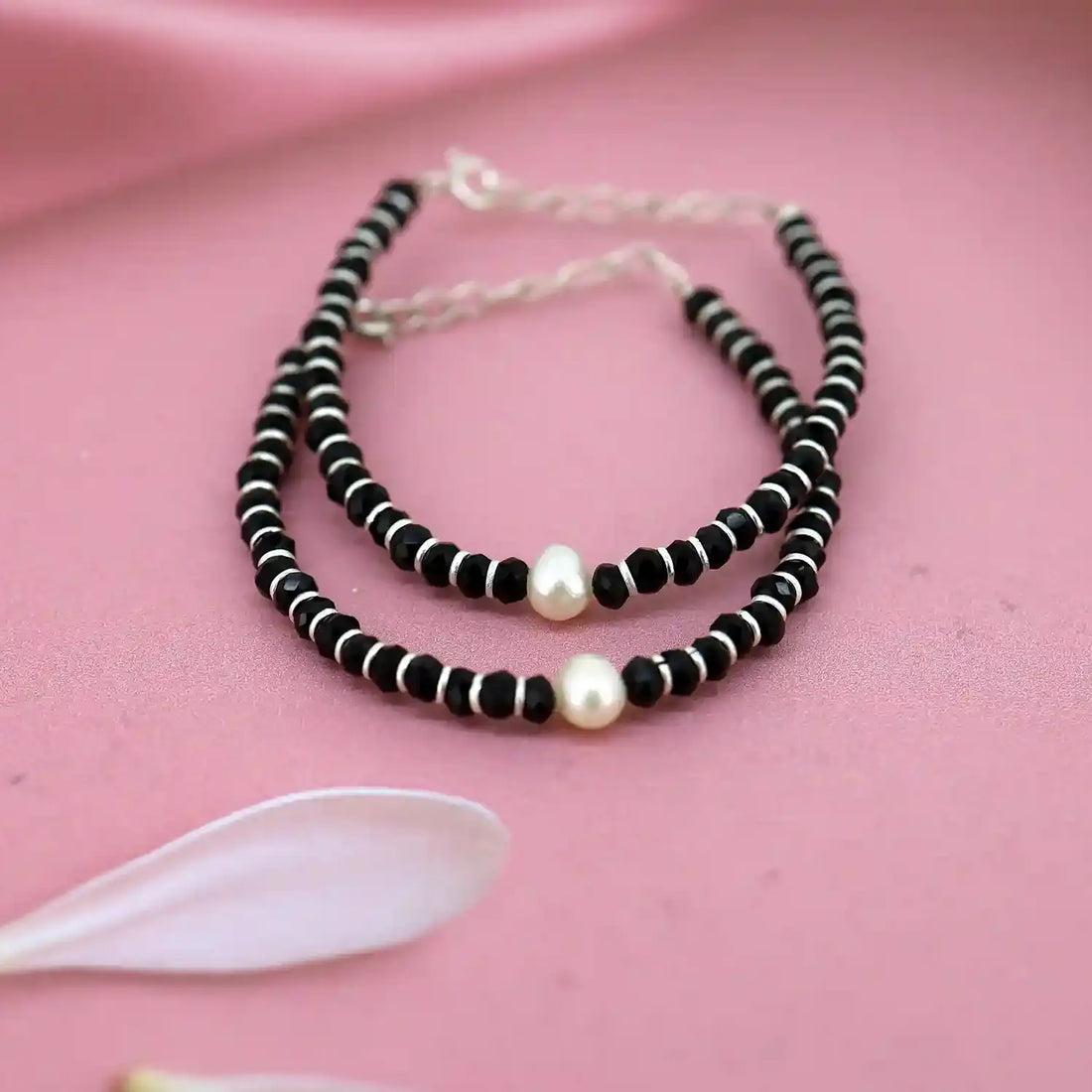 Kids' Pearl & Black Beaded Silver Nazariya- Made With Pure 925 Silver